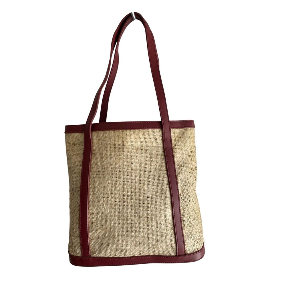 Etienne Aigner Tote Bag Womens Small Beige Straw Red Leather Fruit Lining Beach